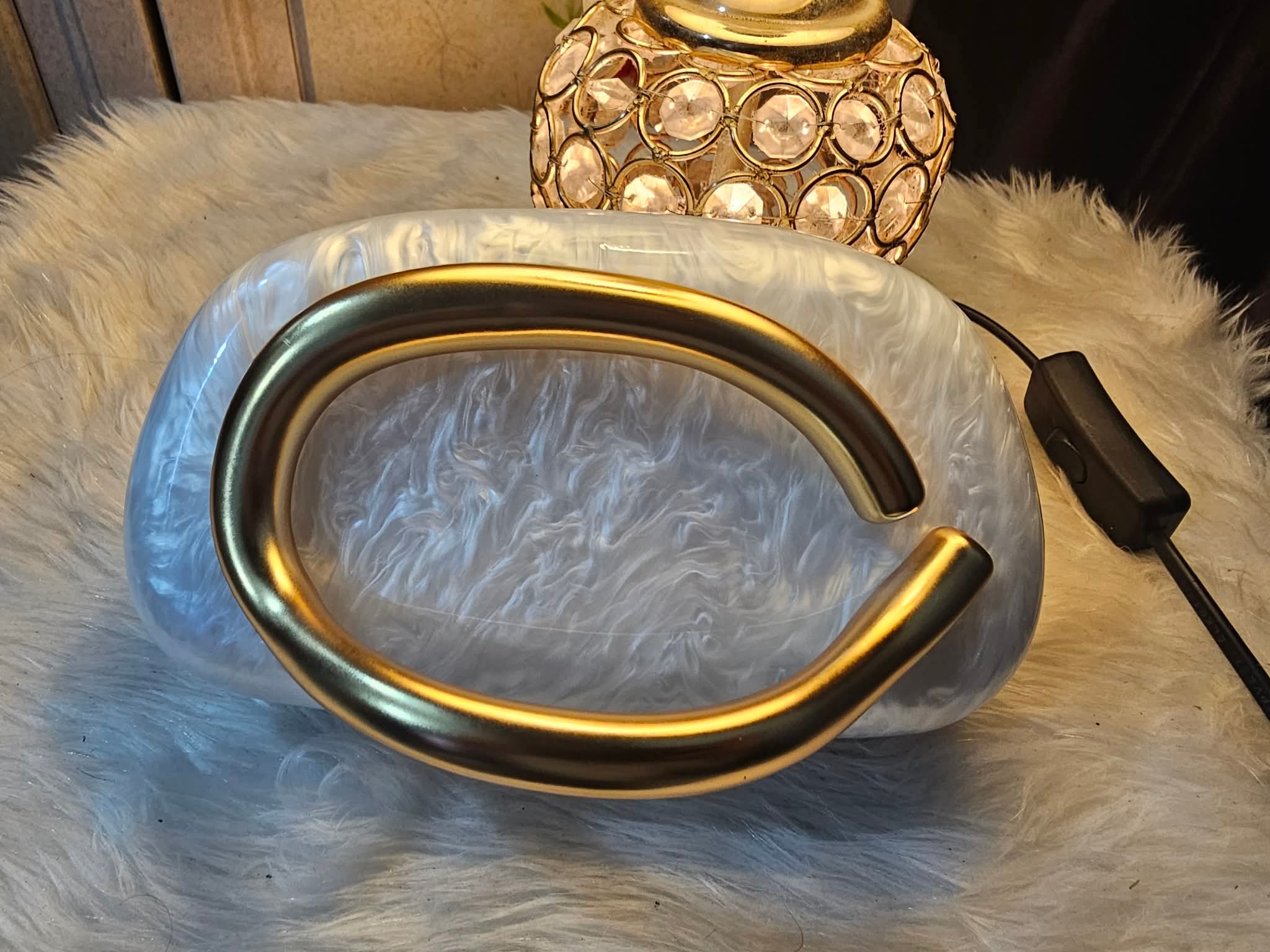 Pearl-Tone Marble Clutch with Sculpted C-Handle